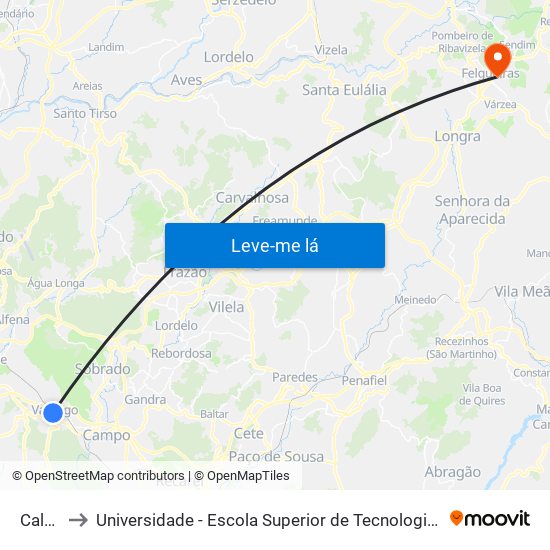 Calvário to Universidade - Escola Superior de Tecnologia e Gestão de Felgueiras map