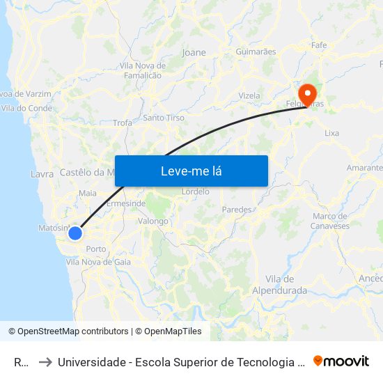 Ruela to Universidade - Escola Superior de Tecnologia e Gestão de Felgueiras map