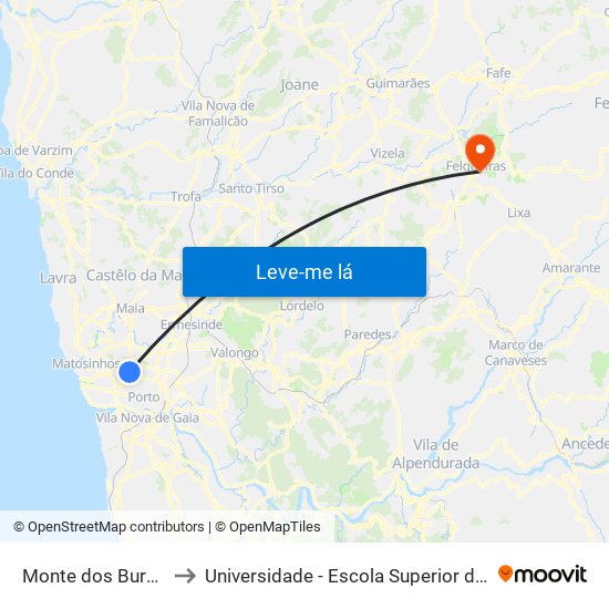 Monte dos Burgos (Circunvalação) to Universidade - Escola Superior de Tecnologia e Gestão de Felgueiras map