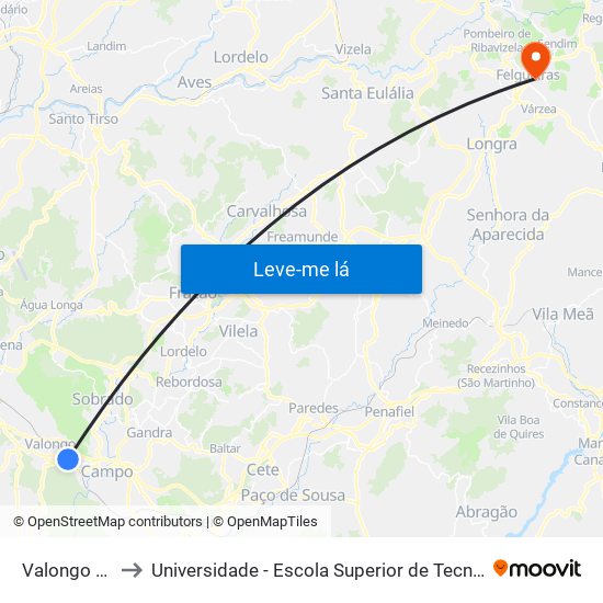 Valongo (Estação) to Universidade - Escola Superior de Tecnologia e Gestão de Felgueiras map