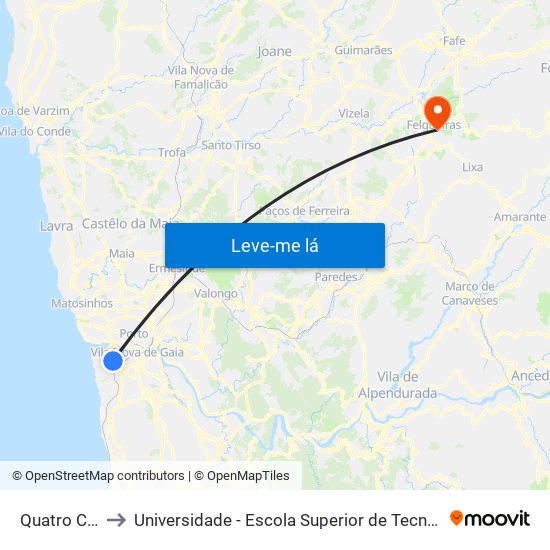 Quatro Caminhos to Universidade - Escola Superior de Tecnologia e Gestão de Felgueiras map