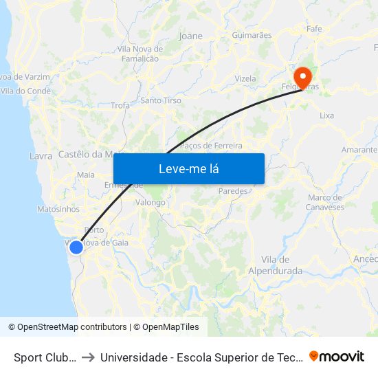 Sport Clube Canidelo to Universidade - Escola Superior de Tecnologia e Gestão de Felgueiras map