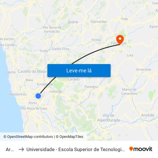 Areosa to Universidade - Escola Superior de Tecnologia e Gestão de Felgueiras map