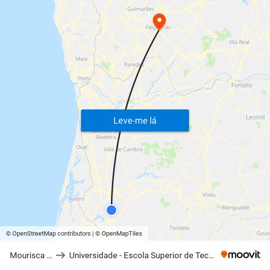 Mourisca do Vouga to Universidade - Escola Superior de Tecnologia e Gestão de Felgueiras map