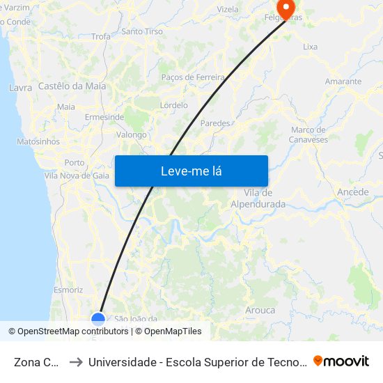 Zona Comercial to Universidade - Escola Superior de Tecnologia e Gestão de Felgueiras map