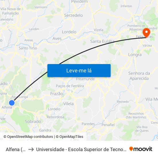 Alfena (Ribeiro) to Universidade - Escola Superior de Tecnologia e Gestão de Felgueiras map