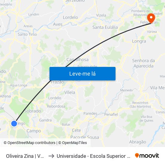 Oliveira Zina | Vale Achas | Vale Chãs to Universidade - Escola Superior de Tecnologia e Gestão de Felgueiras map