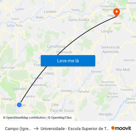 Campo (Igreja / Cemitério) to Universidade - Escola Superior de Tecnologia e Gestão de Felgueiras map