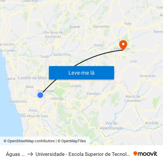 Águas Santas to Universidade - Escola Superior de Tecnologia e Gestão de Felgueiras map