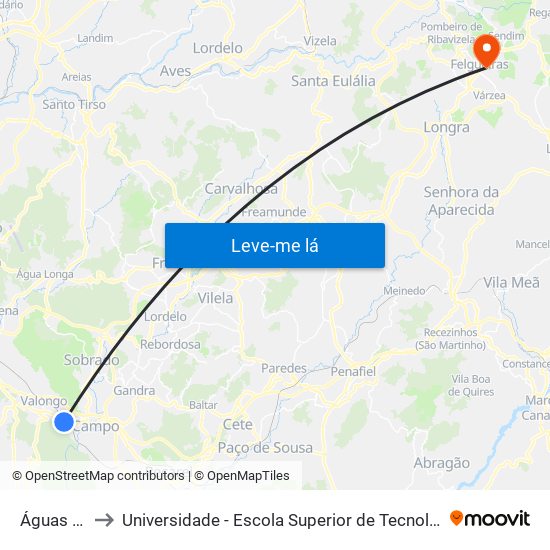 Águas Férreas to Universidade - Escola Superior de Tecnologia e Gestão de Felgueiras map