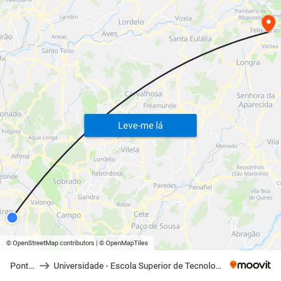 Pontelhas to Universidade - Escola Superior de Tecnologia e Gestão de Felgueiras map