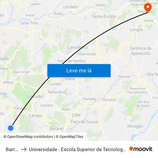 Barreiros to Universidade - Escola Superior de Tecnologia e Gestão de Felgueiras map