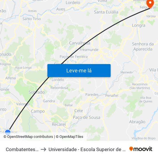 Combatentes Grande Guerra to Universidade - Escola Superior de Tecnologia e Gestão de Felgueiras map