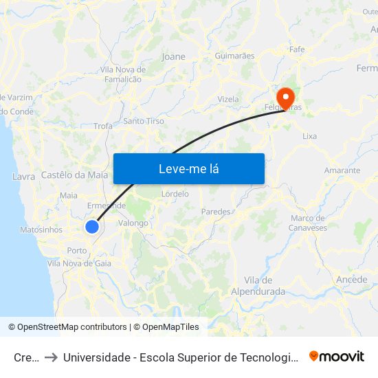 Crespo to Universidade - Escola Superior de Tecnologia e Gestão de Felgueiras map