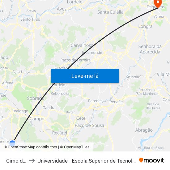 Cimo da Serra to Universidade - Escola Superior de Tecnologia e Gestão de Felgueiras map