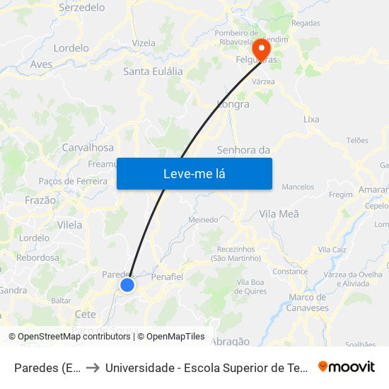 Paredes (Estação CP) to Universidade - Escola Superior de Tecnologia e Gestão de Felgueiras map