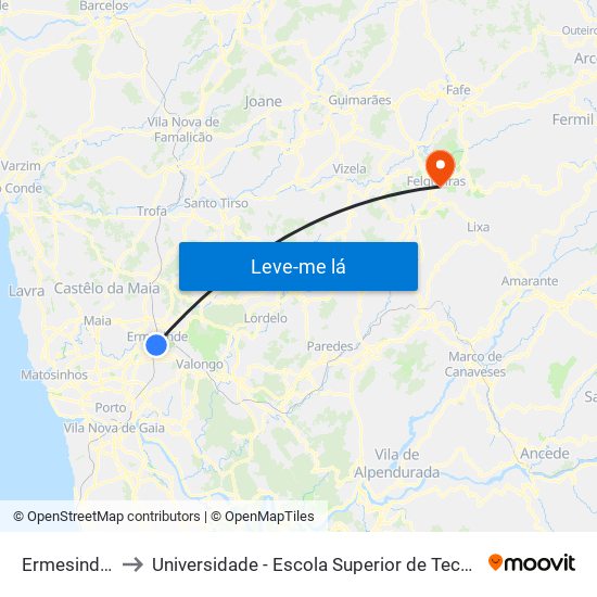 Ermesinde (Forum) to Universidade - Escola Superior de Tecnologia e Gestão de Felgueiras map