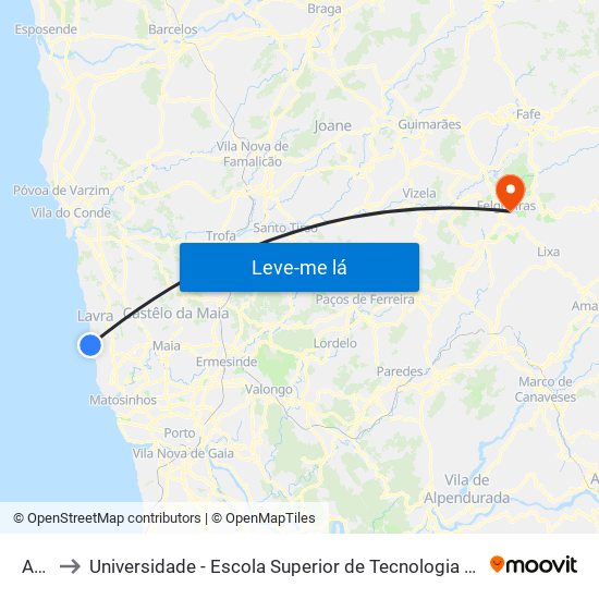 Areal to Universidade - Escola Superior de Tecnologia e Gestão de Felgueiras map