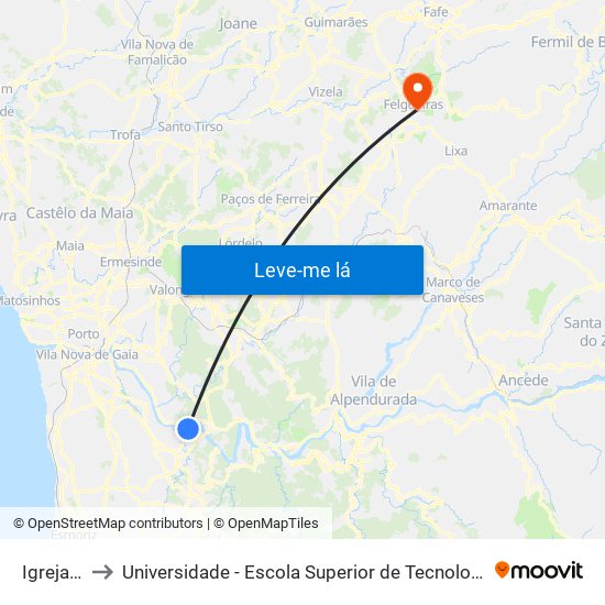 Igreja Lever to Universidade - Escola Superior de Tecnologia e Gestão de Felgueiras map