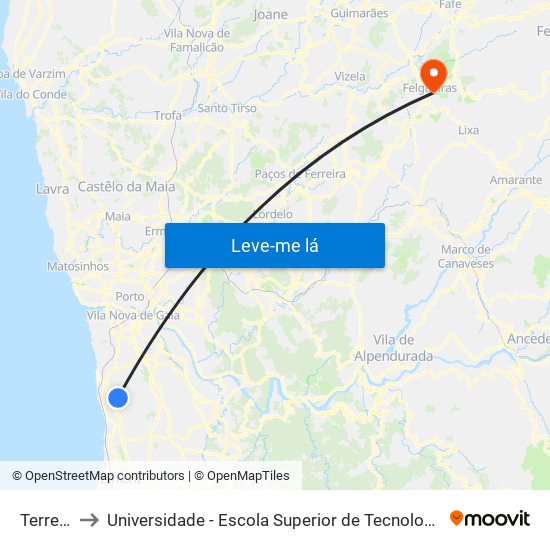 Terreirinho to Universidade - Escola Superior de Tecnologia e Gestão de Felgueiras map