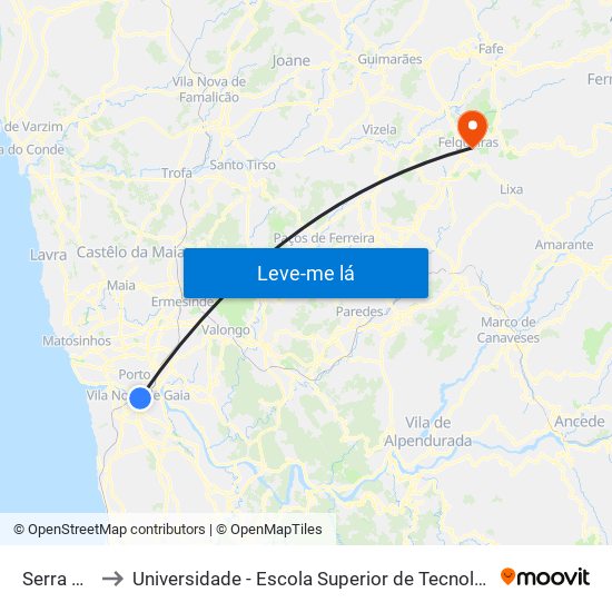 Serra do Pilar to Universidade - Escola Superior de Tecnologia e Gestão de Felgueiras map