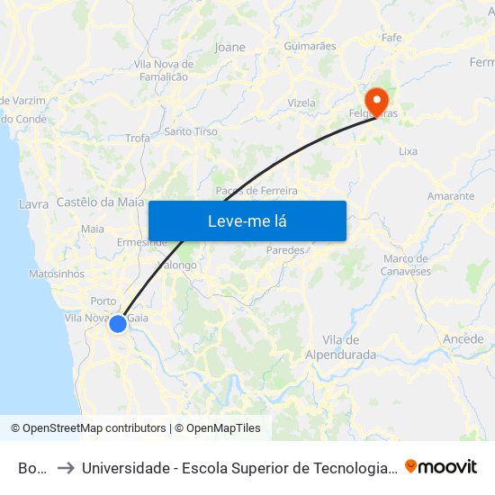 Bolhão to Universidade - Escola Superior de Tecnologia e Gestão de Felgueiras map