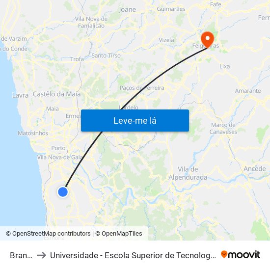 Brandariz to Universidade - Escola Superior de Tecnologia e Gestão de Felgueiras map