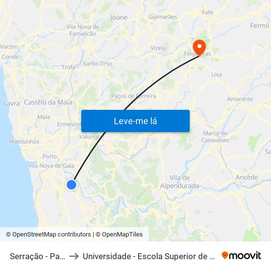 Serração - Padrão Vermelho to Universidade - Escola Superior de Tecnologia e Gestão de Felgueiras map