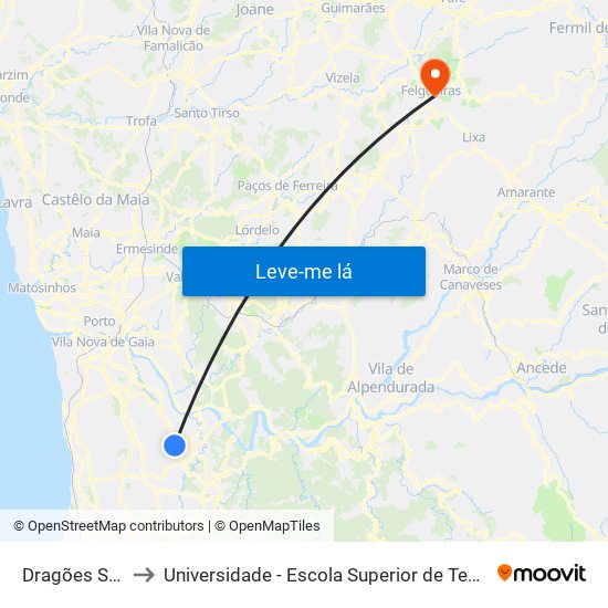 Dragões Sandinenses to Universidade - Escola Superior de Tecnologia e Gestão de Felgueiras map