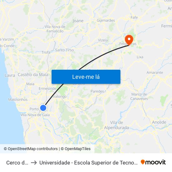 Cerco do Porto to Universidade - Escola Superior de Tecnologia e Gestão de Felgueiras map