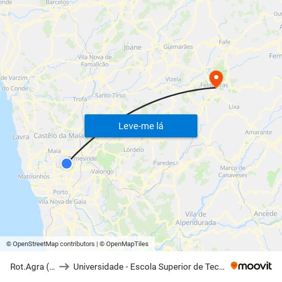 Rot.Agra (Milheirós) to Universidade - Escola Superior de Tecnologia e Gestão de Felgueiras map