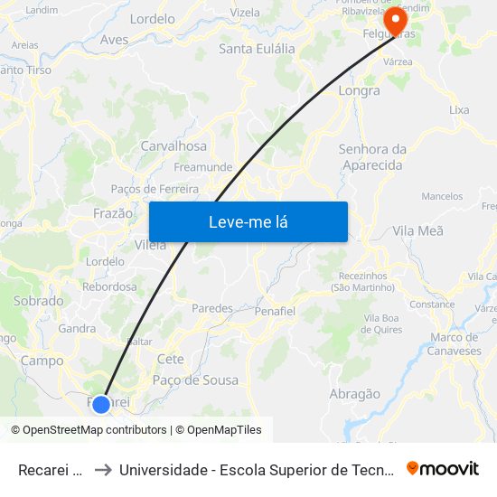 Recarei (Valteve) to Universidade - Escola Superior de Tecnologia e Gestão de Felgueiras map