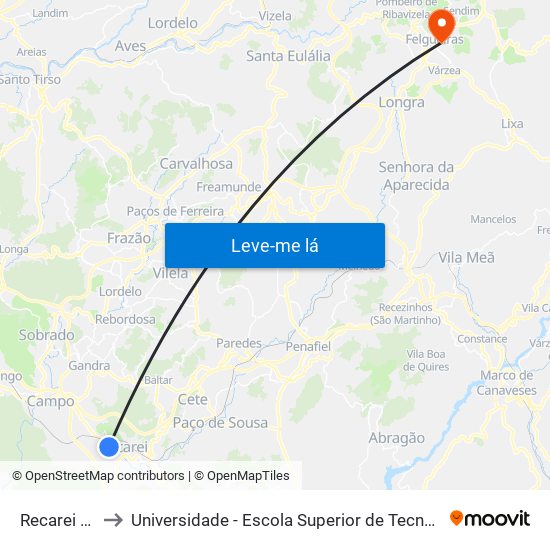 Recarei (Valvide) to Universidade - Escola Superior de Tecnologia e Gestão de Felgueiras map