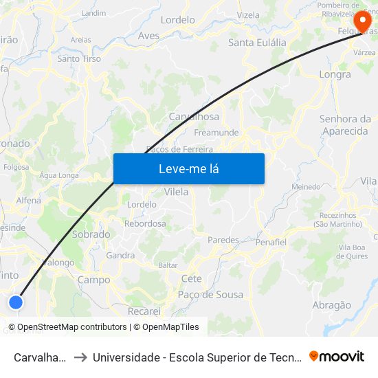 Carvalha de Baixo to Universidade - Escola Superior de Tecnologia e Gestão de Felgueiras map