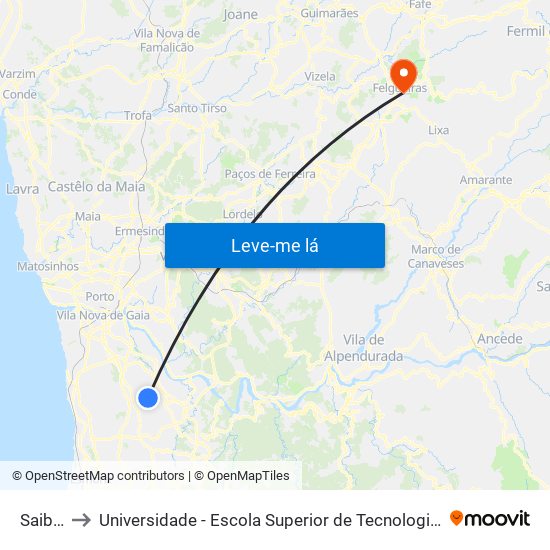 Saibreira to Universidade - Escola Superior de Tecnologia e Gestão de Felgueiras map