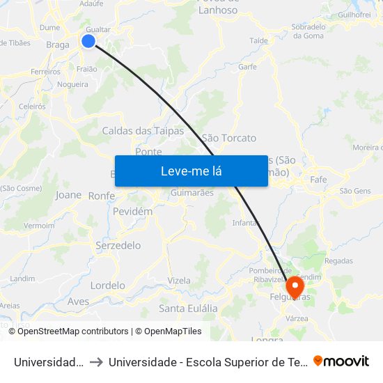 Universidade do Minho I to Universidade - Escola Superior de Tecnologia e Gestão de Felgueiras map