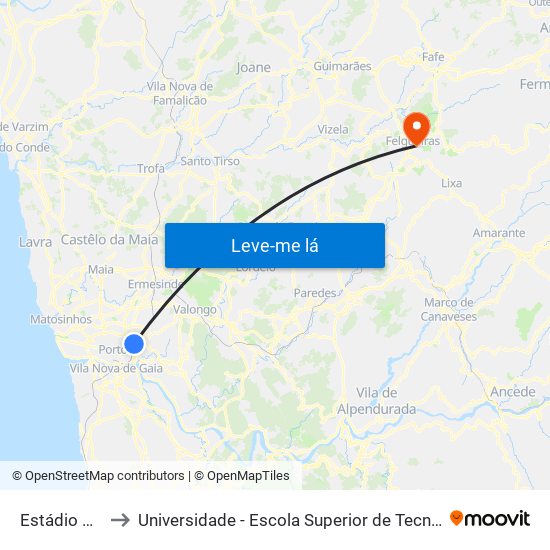 Estádio do Dragão (Terminal) to Universidade - Escola Superior de Tecnologia e Gestão de Felgueiras map