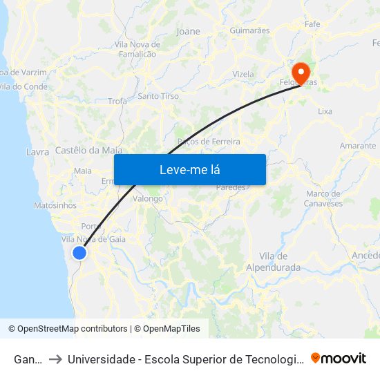 Gandara to Universidade - Escola Superior de Tecnologia e Gestão de Felgueiras map