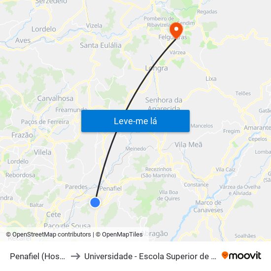 Penafiel (Hospital P.Américo) to Universidade - Escola Superior de Tecnologia e Gestão de Felgueiras map