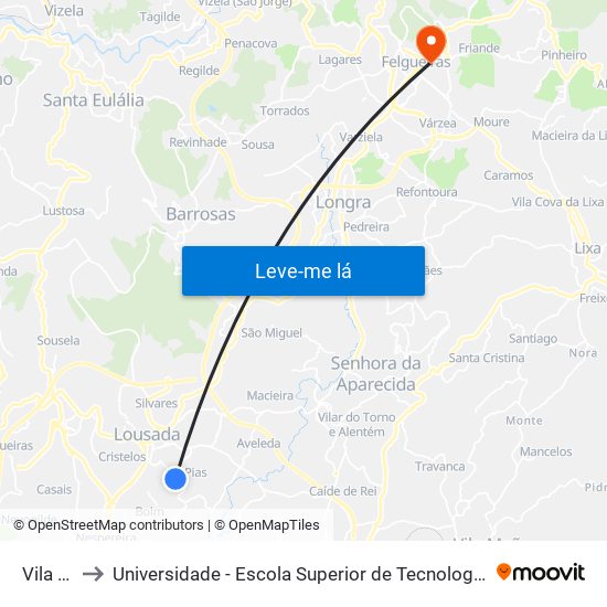 Vila Nova to Universidade - Escola Superior de Tecnologia e Gestão de Felgueiras map
