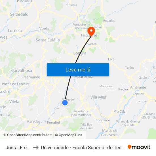 Junta .Freg Meinedo to Universidade - Escola Superior de Tecnologia e Gestão de Felgueiras map