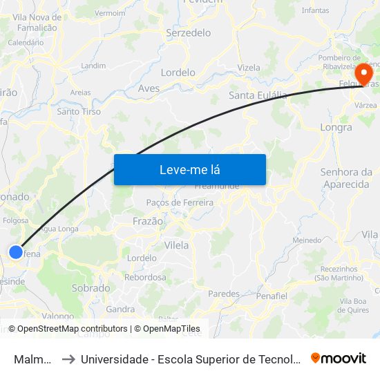 Malmarinhas to Universidade - Escola Superior de Tecnologia e Gestão de Felgueiras map