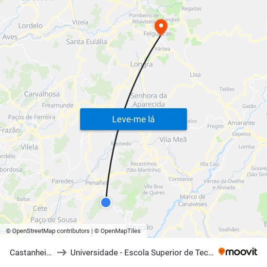 Castanheira de Cima to Universidade - Escola Superior de Tecnologia e Gestão de Felgueiras map