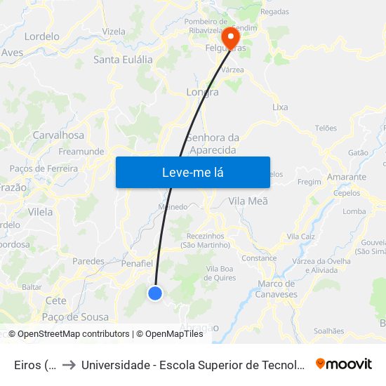 Eiros (Junta) to Universidade - Escola Superior de Tecnologia e Gestão de Felgueiras map