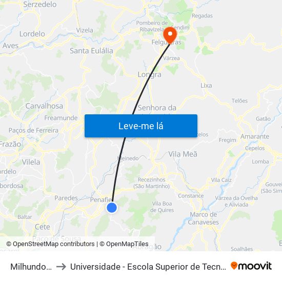 Milhundos (Igreja) to Universidade - Escola Superior de Tecnologia e Gestão de Felgueiras map