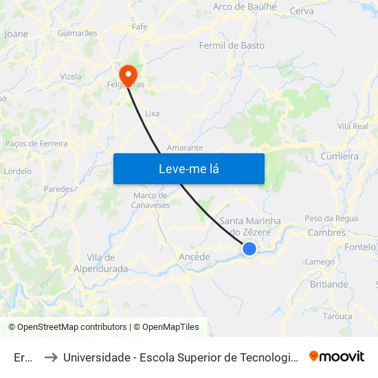 Ermida to Universidade - Escola Superior de Tecnologia e Gestão de Felgueiras map