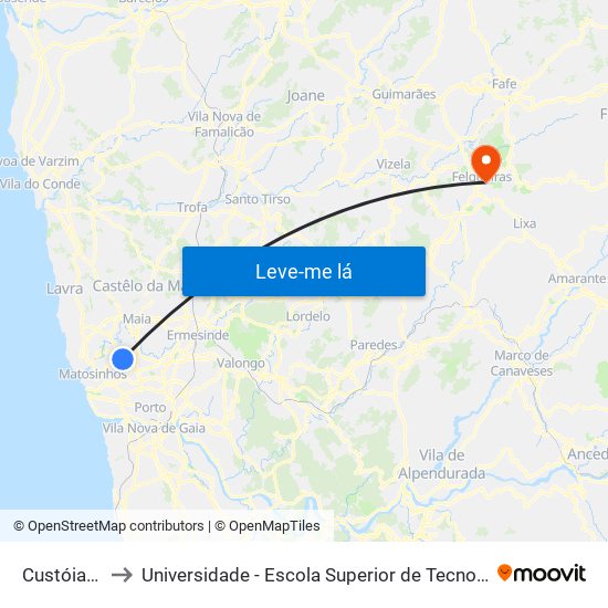 Custóias (Feira) to Universidade - Escola Superior de Tecnologia e Gestão de Felgueiras map