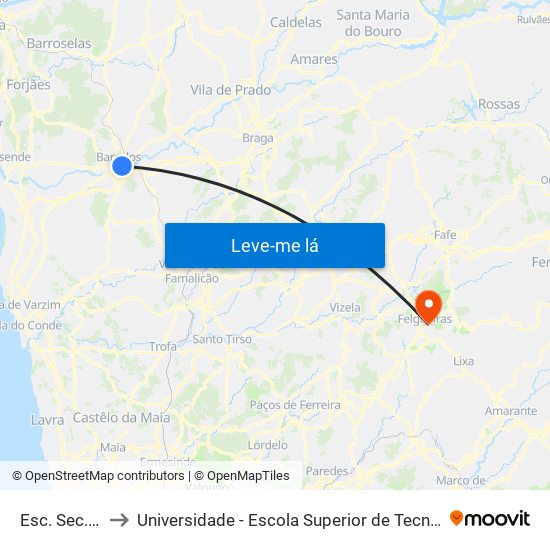 Esc. Sec. Barcelos to Universidade - Escola Superior de Tecnologia e Gestão de Felgueiras map