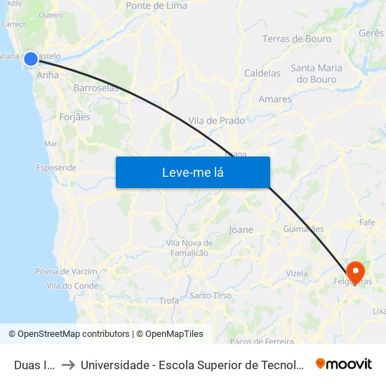 Duas Igrejas to Universidade - Escola Superior de Tecnologia e Gestão de Felgueiras map