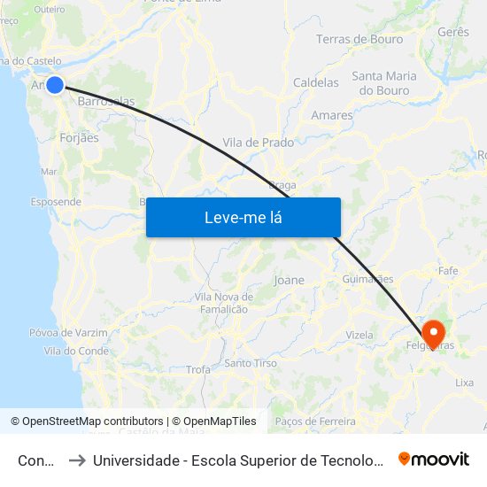 Conchada to Universidade - Escola Superior de Tecnologia e Gestão de Felgueiras map